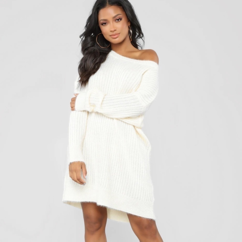 Fashion Nova Alice Fuzzy Tunic Off White Ribbed Long Sleeve Sweater Dress Sz S
